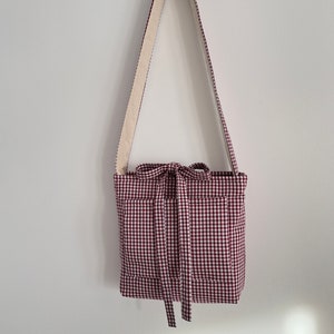 Handmade Burgundy Gingham  and cream Cross Body sling bag  Tote Bag With Bow Fastening tie up small