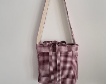 Handmade Burgundy Gingham  and cream Cross Body sling bag  Tote Bag With Bow Fastening tie up small