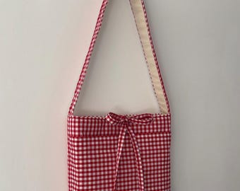 Handmade red and cream gingham cross body bag women’s shoulder tote bag handbag