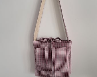 Handmade Gingham Crossbody Bag: Burgundy & Cream, Bow Tie up