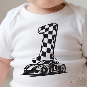May include: White baby bodysuit with a black and white checkered number one graphic and a black race car design. The race car has the number one on it. The design is a digital download.