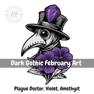 Pest Doktor Clipart Februar | Dunkle Gothic Kunst | Violette Blume & Amethyst Stein | Geburtsmonat Schädel Sticker