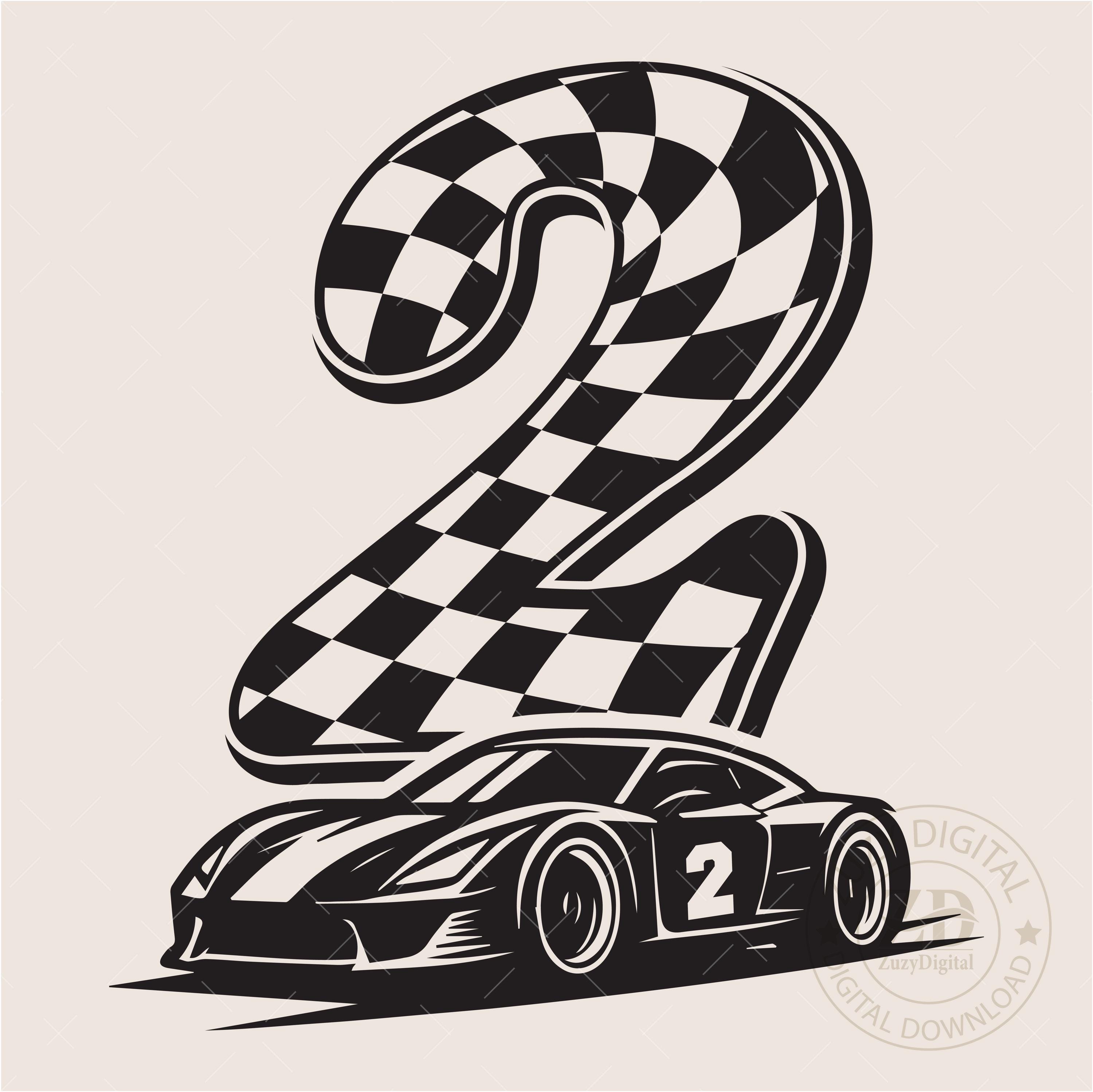 2nd Birthday Race Car SVG | Boy Toddler Birthday Clipart | Number 2 Sticker Printable | Checkered Flag Design | Instant Download