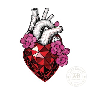 Pedra de nascimento de janeiro, coração de granada SVG PNG – Flor de nascimento de cravo rosa – Clipart de coração anatômico para adesivo, camiseta, impressão