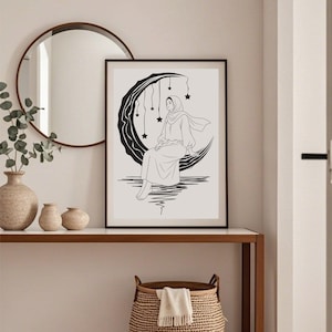 Hijabi Woman on Crescent Moon Print: Islamic Ramadan Decor (Digital Download