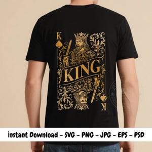Diseño de camiseta grunge King Card: imagen PNG con efecto dorado, naipe vintage imprimible para hombre, descarga instantánea.