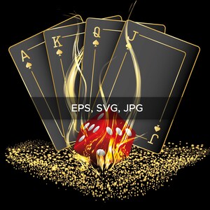 fond noir, cartes à jouer noires, dés rouges et or, fichier EPS, SVG et JPG, téléchargement numérique