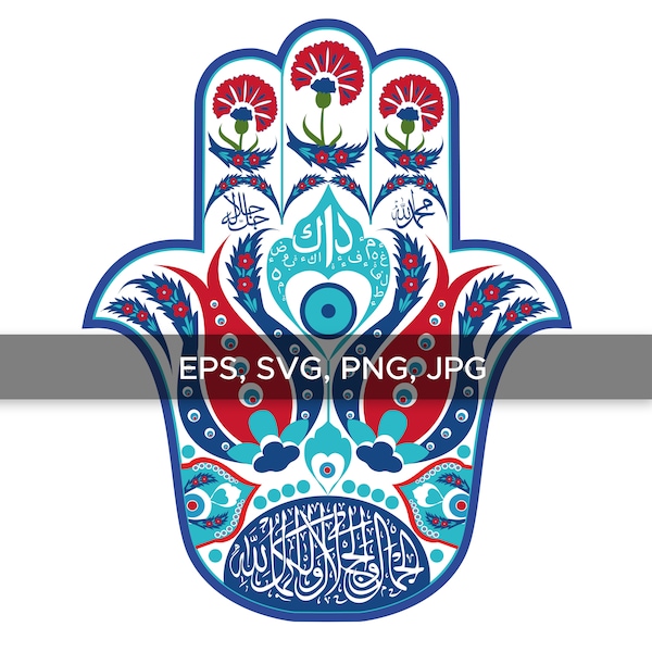 Fatma main hand designed with ottoman patterns, hamsa. eps, svg, png and jpg file, 300 dpi, Digital Download - Printable. Code: 114