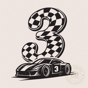 3er Geburtstag SVG - 3. Geburtstag Junge Clipart - Design der Checkered Flagge 3 - druckbare Rennauto-Partydeko