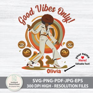 Fille disco rétro SVG - Clipart femme afro des années 70 - Design vintage par sublimation groovy - PNG Good Vibes pour t-shirt, tasse, fourre-tout