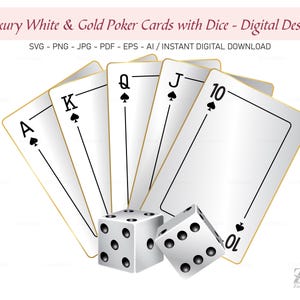Luxury White & Gold Poker Cards with Dice | Vintage Casino Clipart | Royal Flush SVG PNG Digital Download – Perfect for T-Shirts. Code: 180
