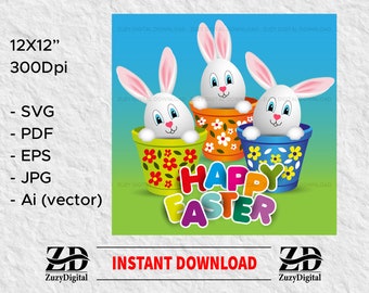 happy easter svg, bunny svg, rabbit svg, rabbit in the flowerpot, easter- easter wall art svg,  instant download Code: 193