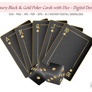 Cartes de poker de luxe noires et dorées avec dés | Clipart Casino vintage | Royal Flush SVG PNG en téléchargement numérique – parfait pour les t-shirts. Code : 168