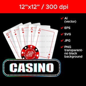 Cartas de póker, fichas de póker, casino - archivos eps, SVG, AI, PNG y JPG, 300 dpi, descarga digital - Silhouette imprimible. Código: 93