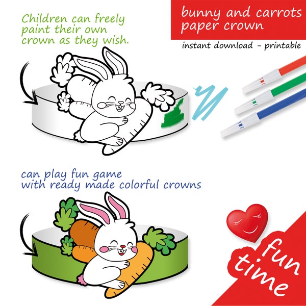 bunny and carrots, cardboard crown, paper cut, template, children's play elements, coloring paper, activity, Digital Download. Code: 22