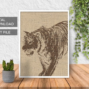 tiger. burlap fabric background. tiger download wall art print -SVG / png / eps / psd / ai / dxf  / instant download / print file. Code: 74