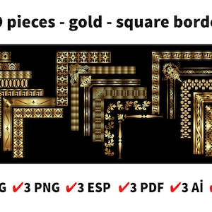Gold Square Borders | 19 Ornamental Frame Corners - Edges | Luxury Geometric Border Clipart | Svg, Png, AI, Eps, Pdf, Jpg | Code: 187
