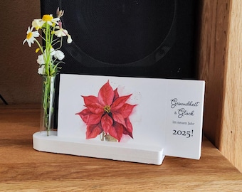 Calendario da cartolina 2025 dipinto a mano con supporto e vaso di fiori