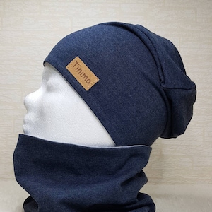 Beanie hat loop dark blue mottled inside grey mottled, available as a set or individually, gift, or inside with fleece in grey image 2