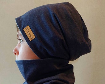 Beanie Mütze Loop "dunkelblau meliert innen grau meliert",  als Set oder auch einzeln erhältlich, Geschenk, oder innen mit Fleece in grau