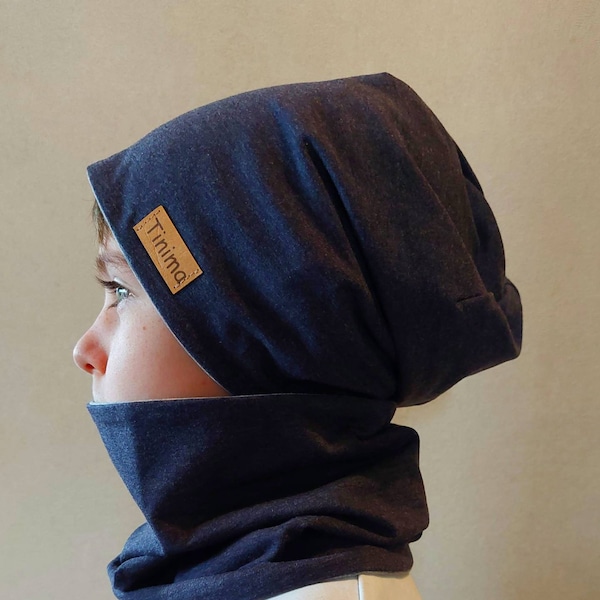 Beanie Mütze Loop "dunkelblau meliert innen grau meliert",  als Set oder auch einzeln erhältlich, Geschenk, oder innen mit Fleece in grau