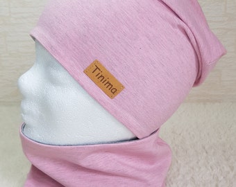 Beanie Damen und Mädchen Mütze Loop "rosa meliert",  als Set oder auch einzeln erhältlich, Mitbringsel, Geschenk, innen grau meliert