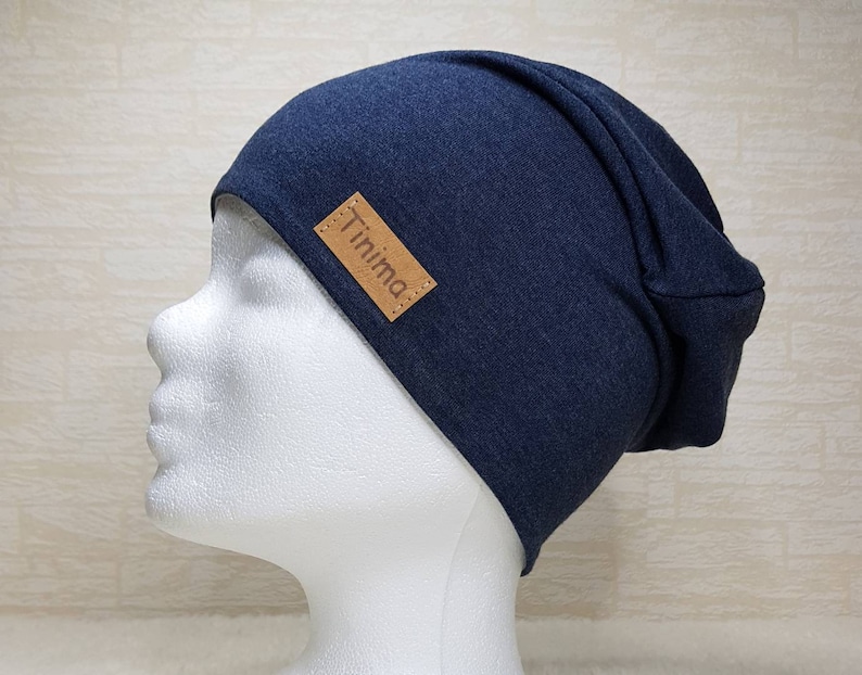 Beanie hat loop dark blue mottled inside grey mottled, available as a set or individually, gift, or inside with fleece in grey image 3