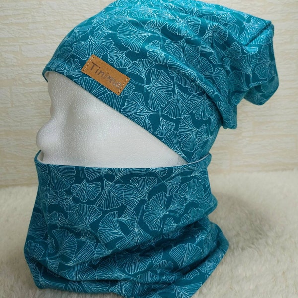 Mütze und Loop Set "Ginko türkis-grün" für Mädchen und Damen innen Jersey