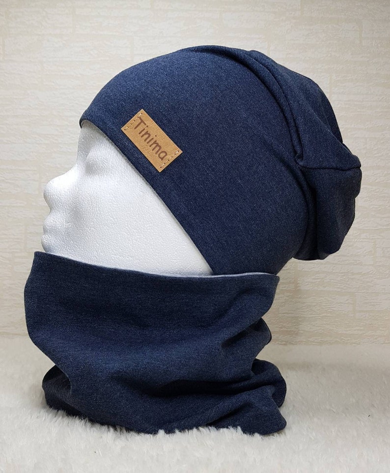 Beanie hat loop dark blue mottled inside grey mottled, available as a set or individually, gift, or inside with fleece in grey image 2