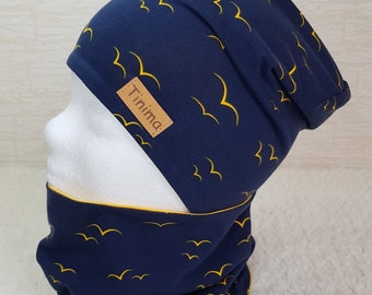 Mütze und Loop Set Dunkelblau gelbe Vögel Maritim Möwe für Kinder und Erwachsene innen Fleece oder Jersey Beanie Kinder