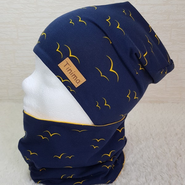 Beanie and Loop Set Dark Blue Yellow Birds Maritime Seagull for Kids and Adults Inside Fleece or Jersey Beanie Kids