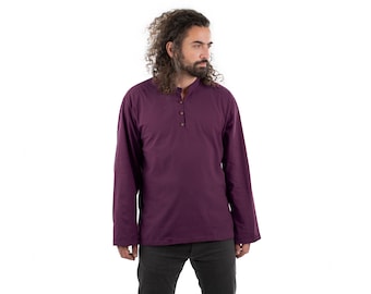Dark Purple Hippie Collarless 100% Cotton Cream Shirt Ethnic Mens Shirt