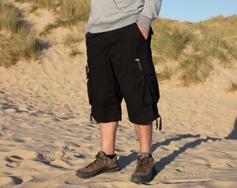 Black Cargo Combat 3/4 Baggy Shorts Hiking Rock Climbing Festival Hippie Shorts