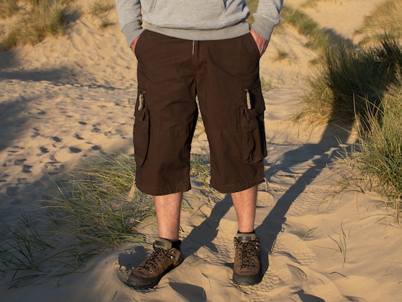 Brown Cargo Combat 3/4 Baggy Shorts Hiking Rock Climbing Festival