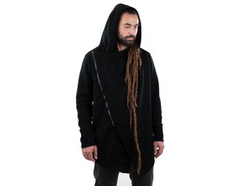 Mens Boho Hippie Wrap Cardigan Hooded Jacket Psy Trance Jacket