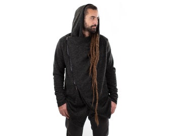 Mens Boho Hippie Wrap Cardigan Hooded Jacket Psy Trance Jacket