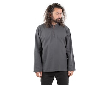 Graues Hippie Kragenloses 100% Baumwollcreme-Hemd Ethnisches Herrenhemd