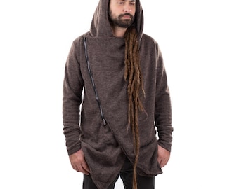 Mens Boho Hippie Wrap Cardigan Hooded Jacket Psy Trance Jacket