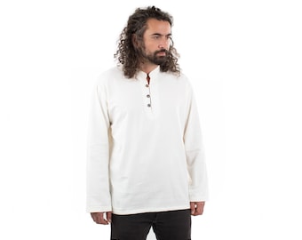 Hippie Kragenlos 100% Baumwolle Creme Shirt Ethnische Herren Shirt