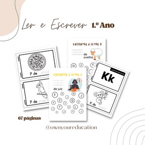 Könnte beinhalten: Schwarz-weiße druckbare Arbeitsblätter für Erstklässler. Die Arbeitsblätter zeigen Bilder einer Pizza, eines Papageis, eines Richters, eines Koalas, eines Schafs und der Buchstaben O, J und K. Der Text auf den Arbeitsblättern lautet "Ler e Escrever 1.º Ano", "P de pizzo", "P de papag", "ENCONTRA A LETRA O", "de ovelha", "ENCONTRA A LETRA J", "de juíz", "Letra da semana", "Kk", "K de koala" und "67 páginas".