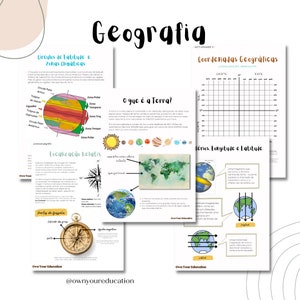 May include: A colorful educational poster about geography with illustrations of the Earth, a compass, and a grid. The poster includes the text "Geografig" and "O que é a Terra?" in Portuguese.