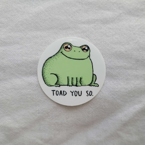 May include: A white circular sticker featuring a green cartoon frog sitting with its mouth open and the text "TOAD YOU SO."