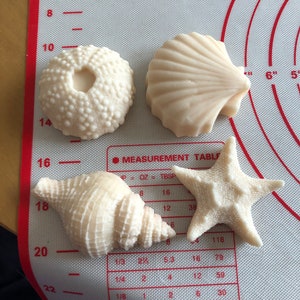 Könnte beinhalten: Vier weiße Silikonformen in Form von Muscheln auf einer roten und weißen Silikon-Backmatte. Die Formen sind in Form eines Seesterns, einer Muschel, eines Seeigels und einer Conchenschale.