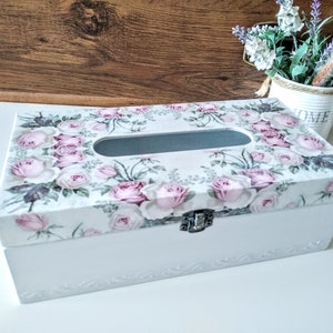 Funda rectangular blanca para servilletas con rosa para baño,caja de pañuelos de madera,rosa shabby chic,servilletero rectangular con rosas para cocina