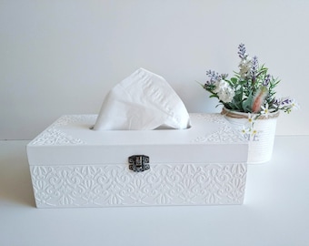 White rectangular tissue box,tissue box holder,bathroom decor,tissue box cover,dispenser with bottom,wooden tissue box cover for kitchen