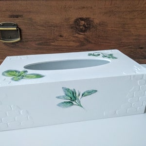 Soporte de caja de pañuelos blanco rectangular para cocina, cubierta de caja de pañuelos verde de madera, dispensador con fondo, accesorios para cocina estilo botánico