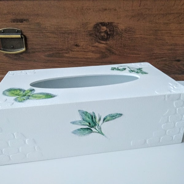 White tissue box holder rectangular for kitchen,wooden green tissue box cover,dispenser with bottom,accessories for kitchen botanical style