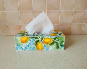 Support de boîte de mouchoirs bleu rectangulaire pour la cuisine, couvercle de boîte de mouchoirs en bois pour salle à manger, accessoires de cuisine avec motif citron, jaune citron