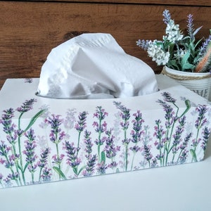 Porta scatola di tessuto bianco decorato con lavanda, porta tovaglioli rettangolare Provenza per cucina, conservazione tovaglioli, portafoglie per bagno