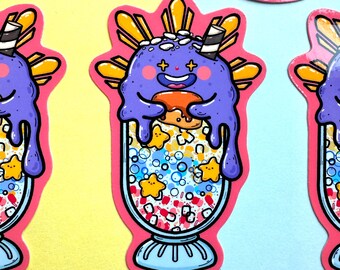 May include: A repeating pattern of stickers featuring a cartoon character in a sundae glass. The character has a purple head with yellow accents, holding a cookie. The glass is filled with colorful bubbles and star shapes, set against a pink outline.